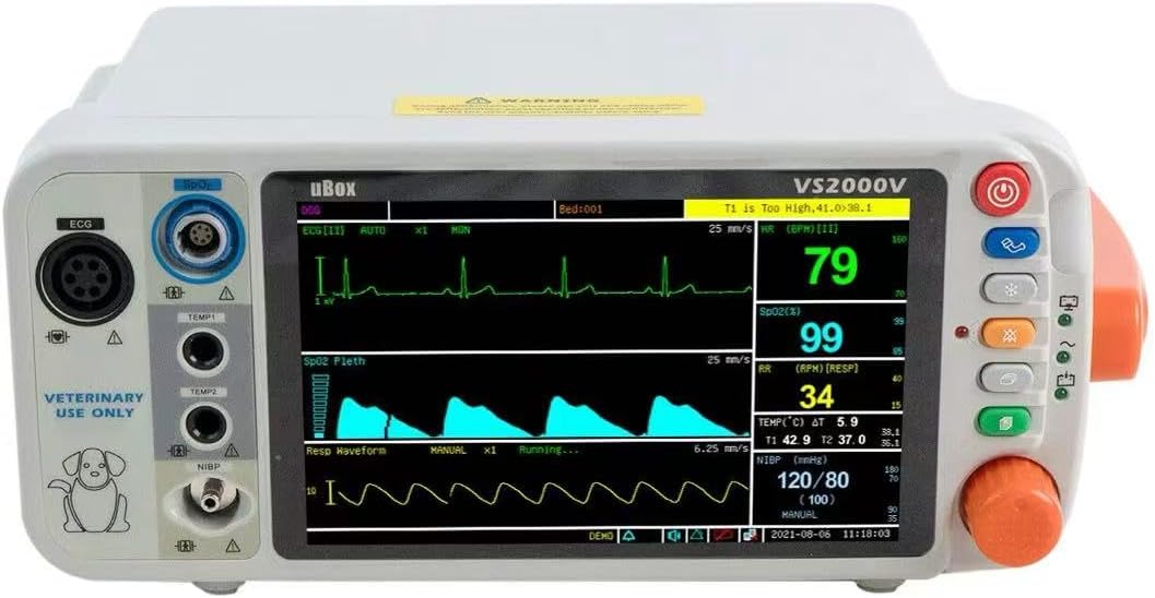 VS2000V 7 inch Veterinary Vital Signs Monitor with The parameters of SPO2, NIBP, ECG, Temp, PR and RESP (VS2000V Standard Package)