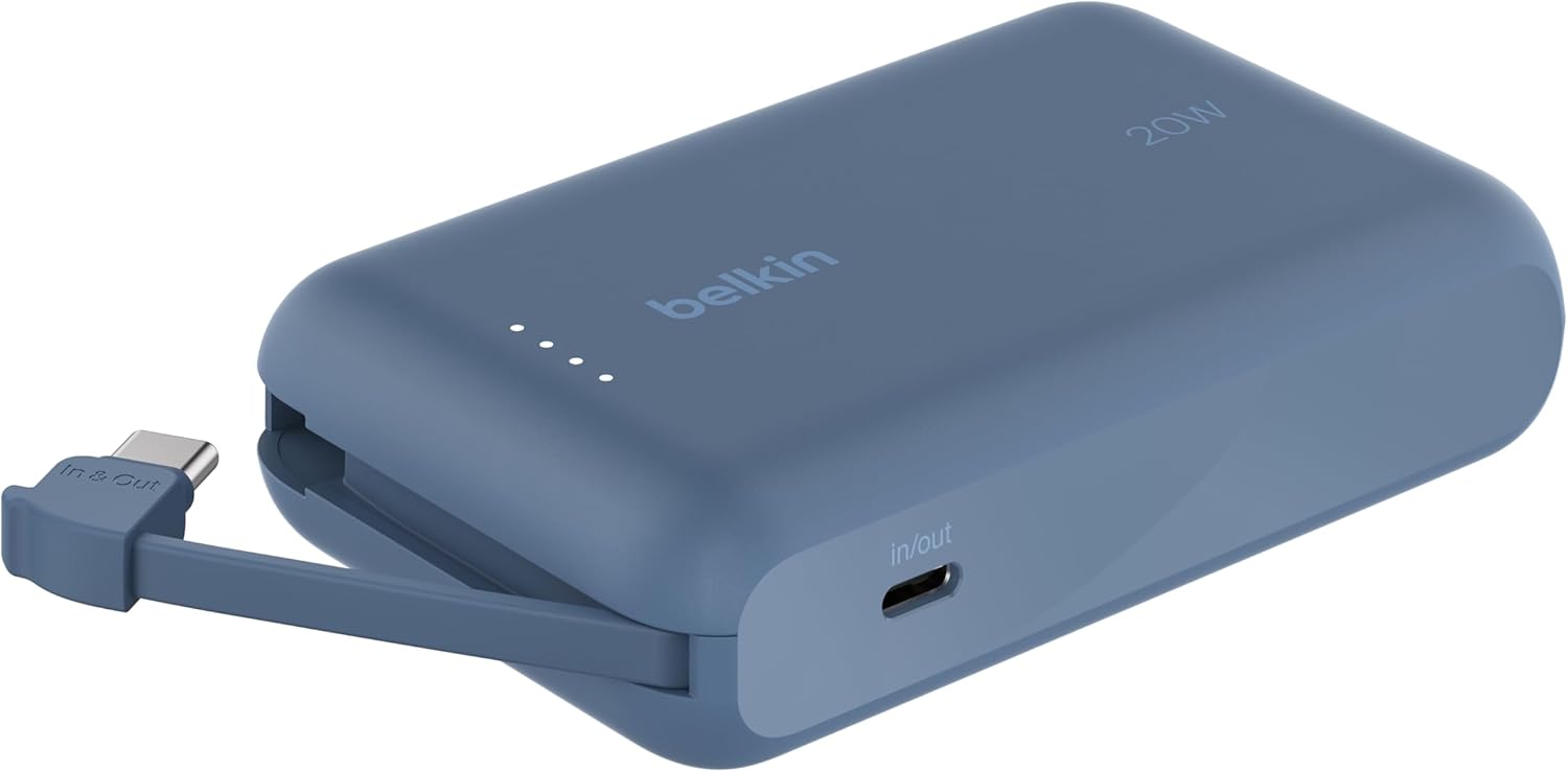 Belkin BoostCharge power bank 10000mAh, portable power bank with integrated cable PD 20W, fast charge USB-C power delivery, power bank fast charging for iPhone 16 series, iPad Pro, Galaxy S24 and more