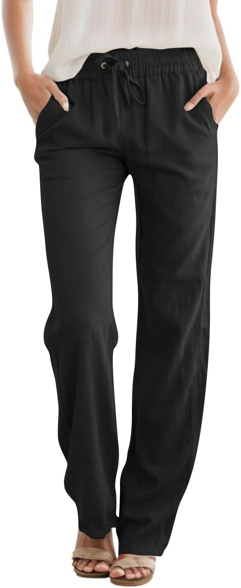 SEMARO Womens Casual Linen High Waist Pants Drawstring Loose Fit Summer Pants Trousers with Side Pockets