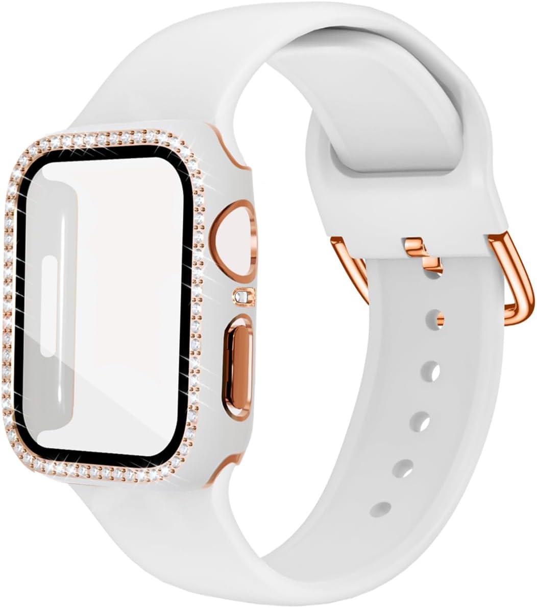 Compatible with Apple Watch Band and Case 38mm 40mm 41mm 42mm 44mm 45mm Women, Soft Silicone Bands and Bling Diamond Case & Glass Screen Protector for iWatch Series 9 8 7 6 5 4 3 2 1 and SE