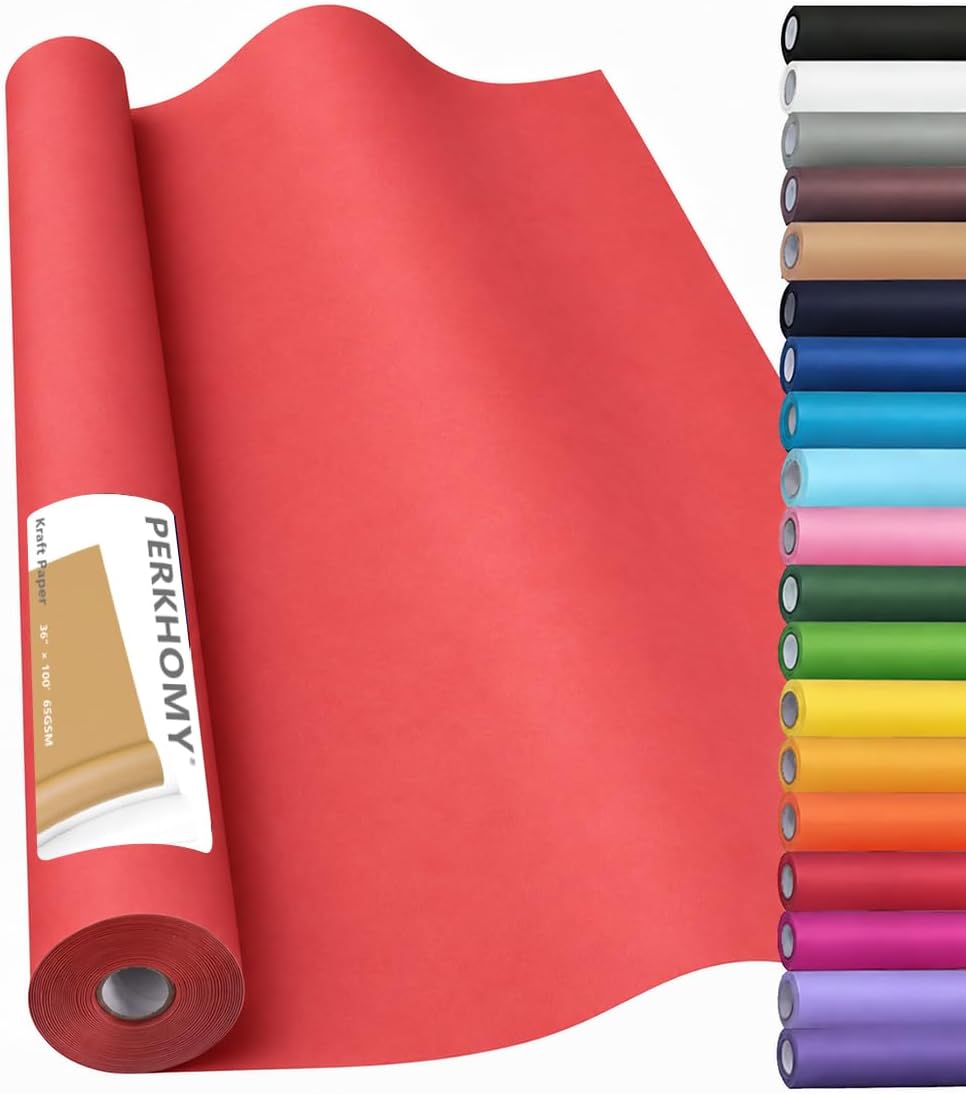 PerkHomy Red Kraft Paper Roll 36" x 1200" (100') for Gift Wrapping Bouquet Flower Art Painting Craft Writing Packaging Shipping 80GSM 55LB (Red, 36" x 100')