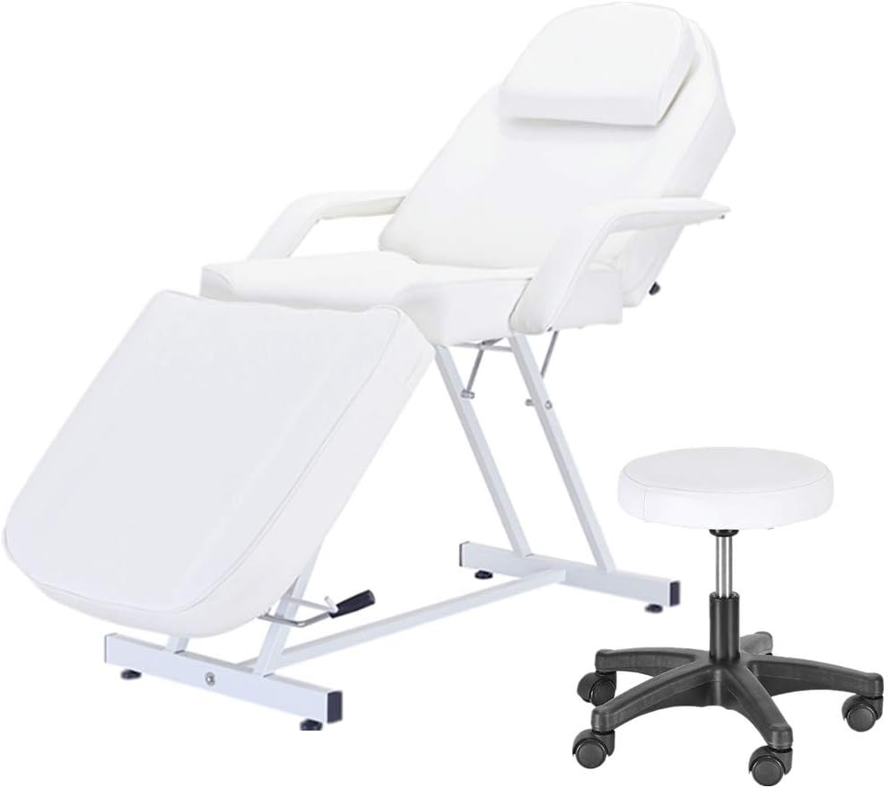 Balance Massage Bed Table Adjustable Reclining Beauty Salon Chair Tattoo Spa Facial Couch Bed with Stool (White)