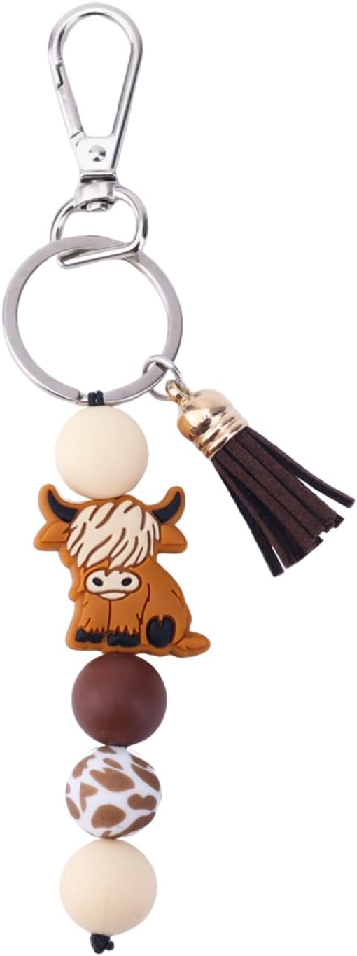 Mikovivi Beads Highland Cow Keychain, Silicone Cute Gifts Animal Keychains Highland Cow Party Favors for Women Men Keyring Gifts Car