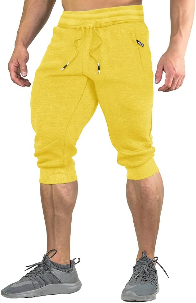 FASKUNOIE Men's Cotton Casual Shorts 3/4 Jogger Capri Pants Breathable Below Knee Short Pants with Three Pockets