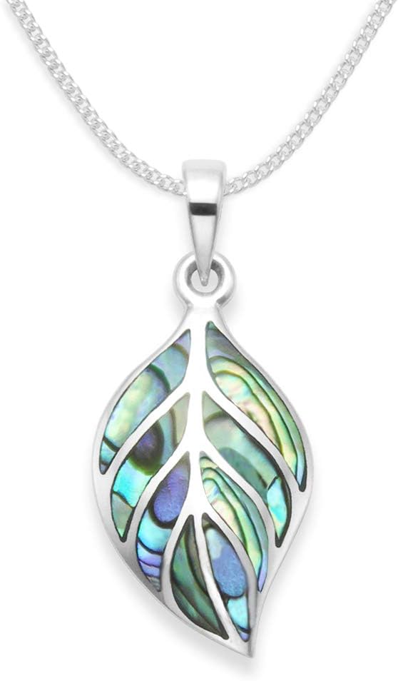 Heather Needham Silver: Sterling Silver inlaid Paua shell necklace on 16" silver chain- Pendant Size: 21 x 12mm. Gift boxed silver leaf necklace. 8330PS