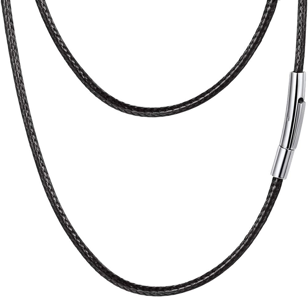 PROSTEEL Mens Leather Necklace Cord, 2mm Width Black Braided Rope Chain with Stainless Steel Clasp, Waxed Waterproof 16"-30" Length (with Gift Box)