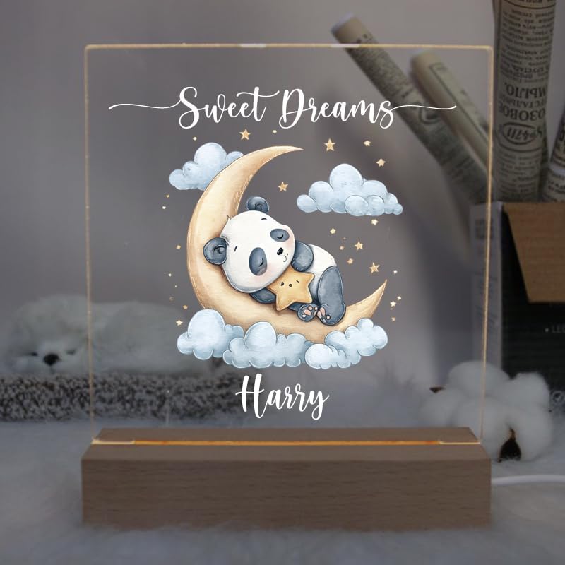 ukgiftstoreonline Personalised Panda Night Light, 22cm LED Nursery Lamp, Customisable Baby Room Decor