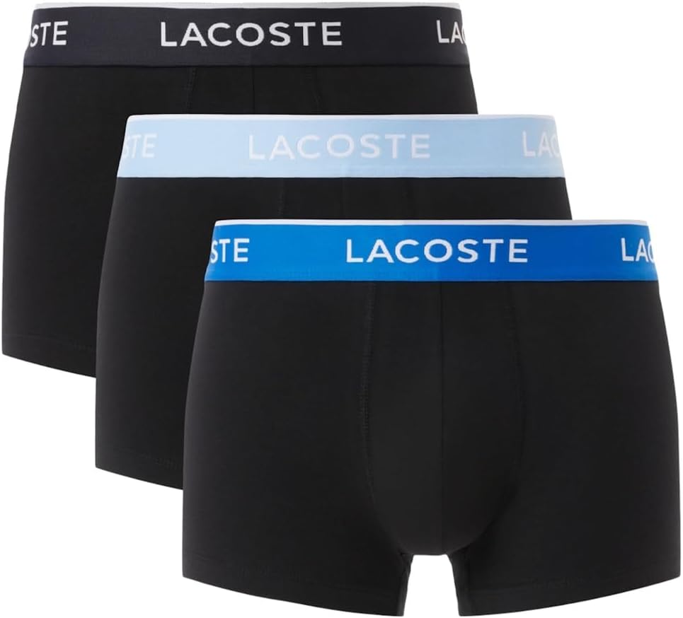 Lacoste Men's Cotton Stretch Logo Trunks, Pack of 3, Black/Light Blue/Blue