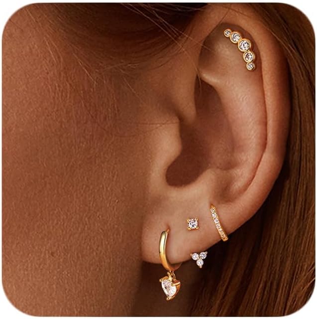 Morfetto 4 Pairs 14K Gold Plated Hypoallergenic Earrings Set for Women - Dainty Stud, Huggie, Small Hoop, and Dangle Cartilage Earrings for Multiple Piercings