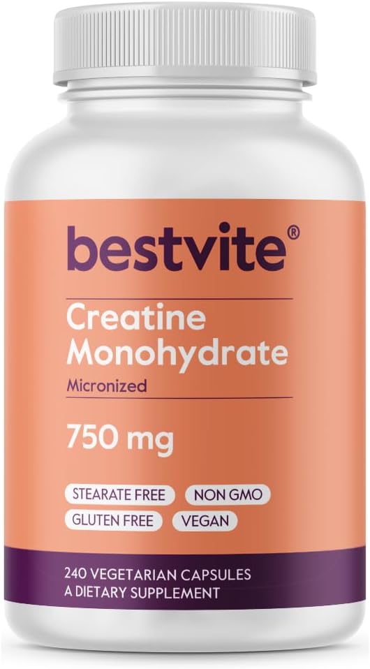 BESTVITE Creatine Monohydrate 750mg (240 Vegetarian Capsules) - Micronized - No Stearates - Vegan - Non GMO - No Gelatin - Gluten Free - Creatine Capsules