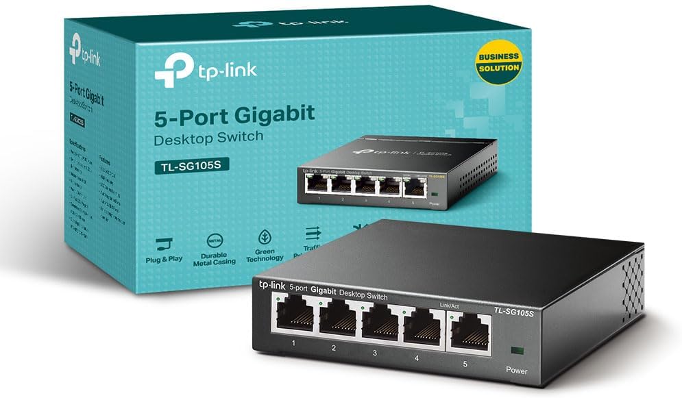 TP-Link 5 Port Gigabit Ethernet Network Switch, Ethernet Splitter 1 to 4, Network 4 Way Ethernet Hub, Desktop & Wall-Mounting, Sturdy Metal, Fanless, Plug & Play, Energy-Saving (TL-SG105S)