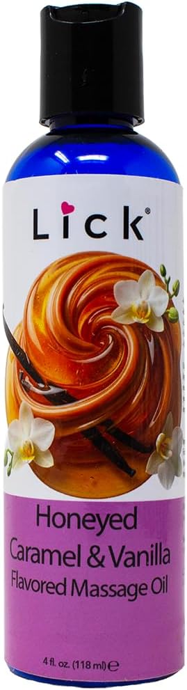 Lick Honeyed Caramel Vanilla Flavored Massage Oil – Tropical Edible Massage Oil with Sweet Almond Oil & Vitamin E, Hydrating Body-Safe Formula for Relaxing Couples Massage, 4 oz