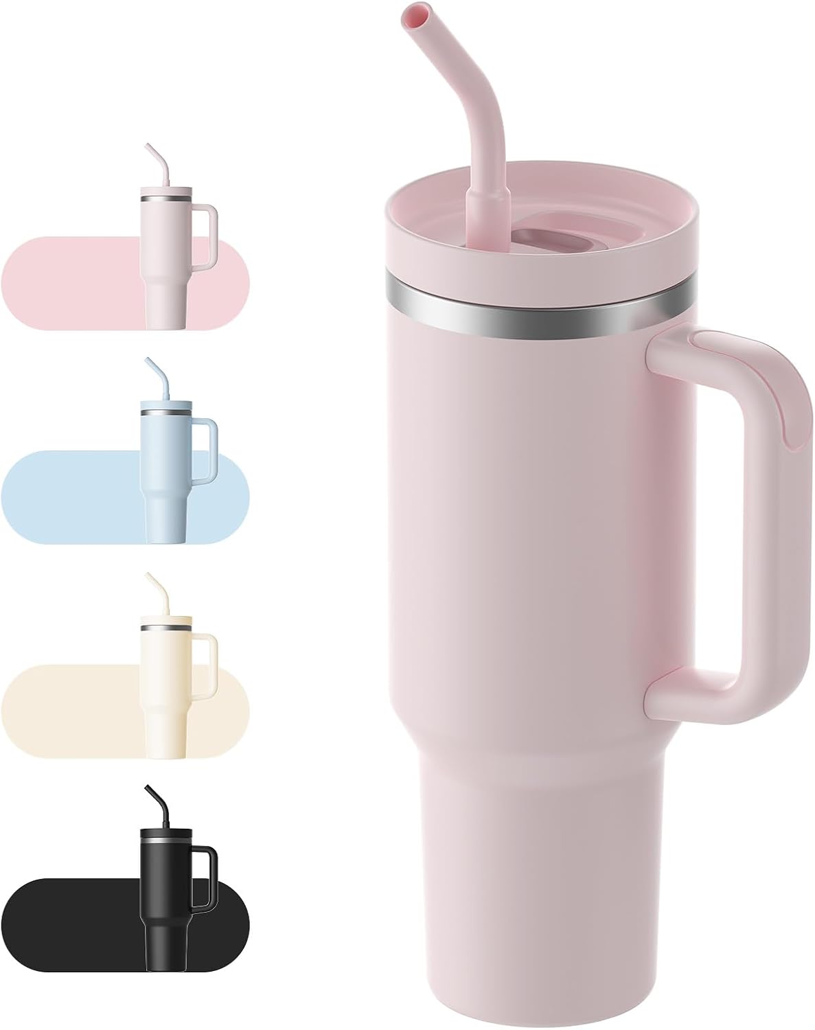 LEIKEEGO Travel Mug Coffee Cup, 1200ml/40oz Tumbler with Straw and Lid, Stainless Steel Double Wall Vacuum Insulated Coffee Cup with Handle-Keeps Cold for 24H-Hot for 12H(Pink)