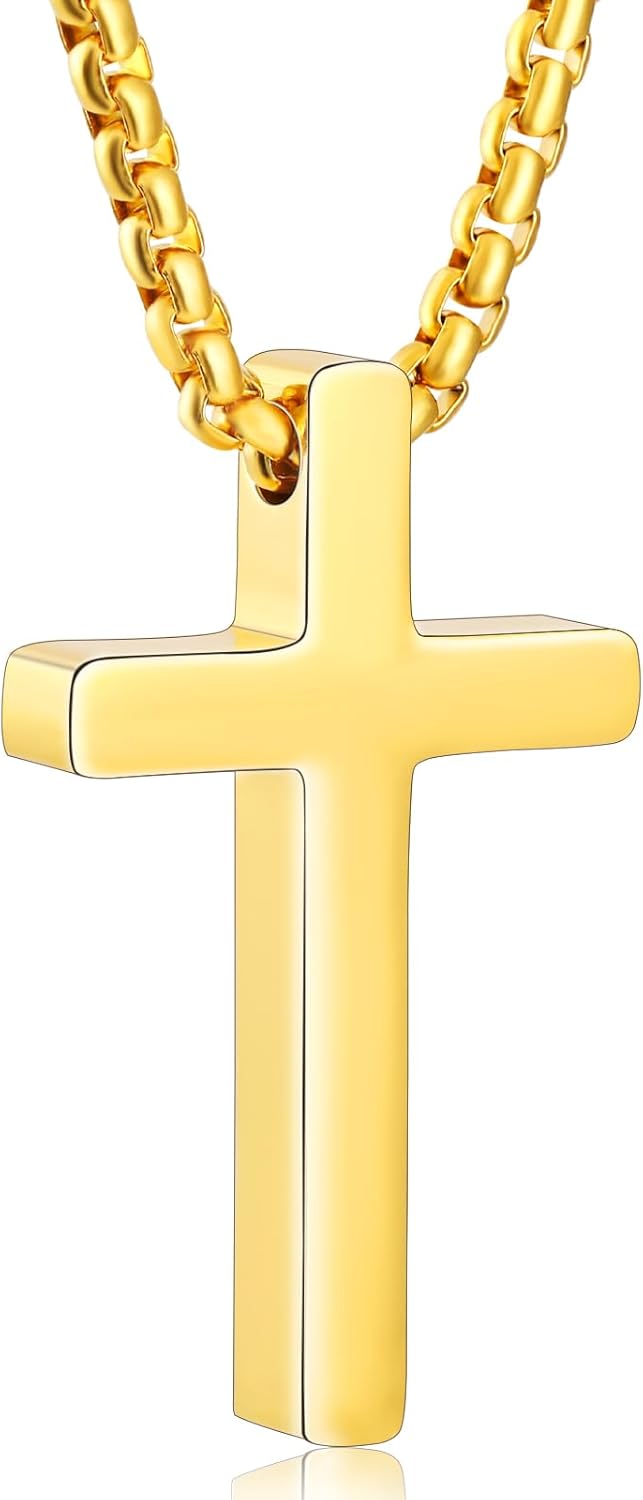 Aretas Stainless Steel Cross Pendant Necklace for Men Boys, Christian Confirmation Baptism Cross Chain with 16-24 Inches Jewelry Easter Gifts