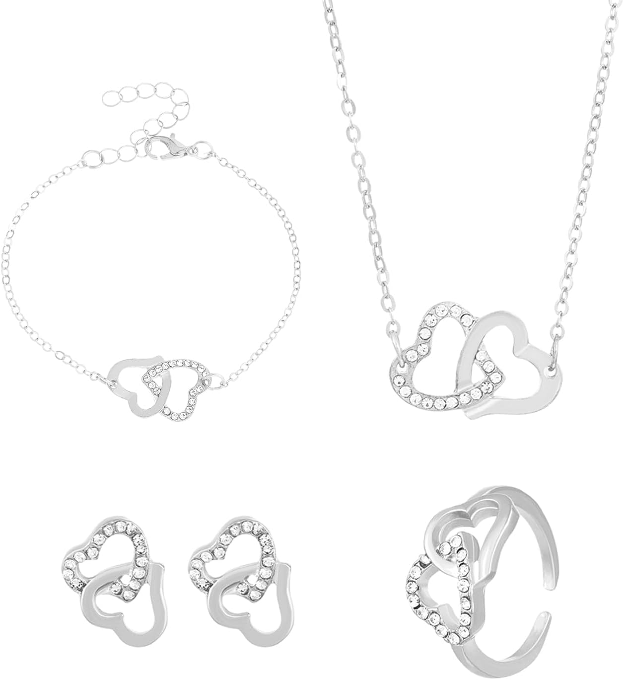 EPCDBBRT 1 Piece of Ring, 1 Piece of Necklace, 1 Piece of Bracelet, 1 Pair of Earrings, Women's Jewelry Set, Jewelry Set, 1 Set of Double Heart Jewelry, Clothing Accessories Decoration