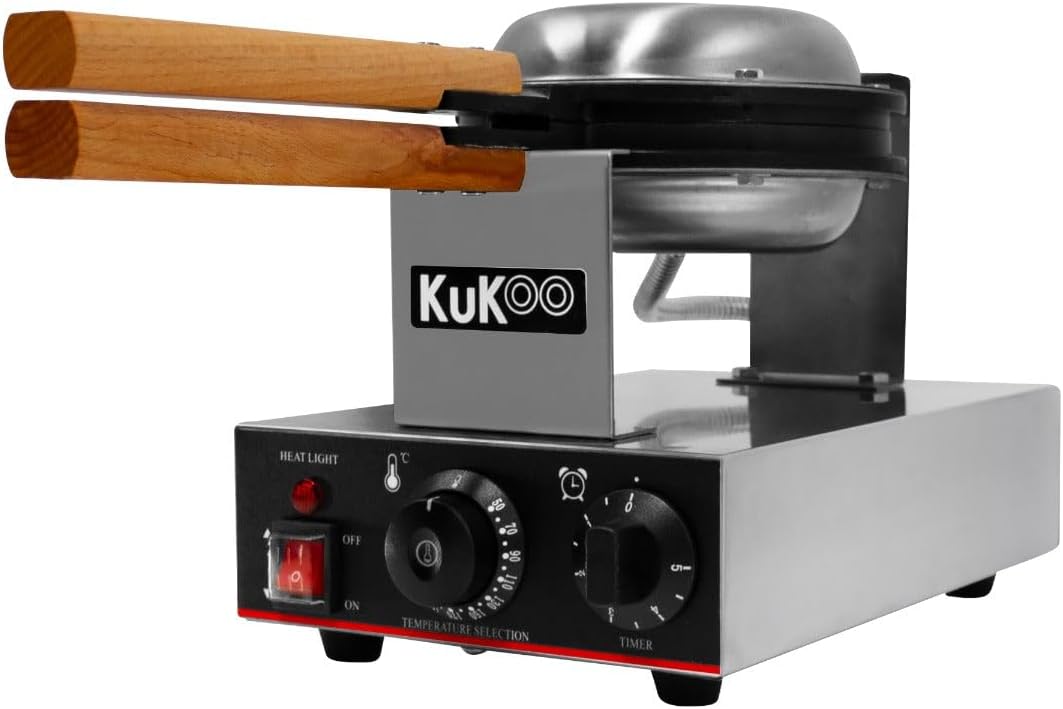 KuKoo Single Waffle Maker Machine Rotating Round Deep Fill Non-Stick Iron Plates Electric 1000W 50-250°C Automatic Temperature 1-5 Minute Timer Commercial Stainless Steel Cool Touch Handle FREE Tongs