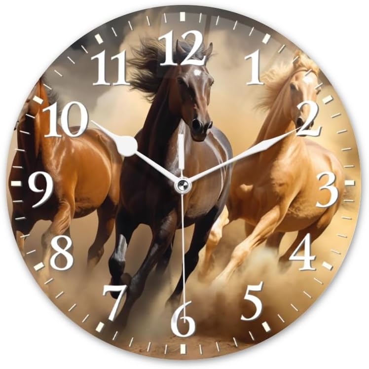 Quartz Wall Clocks Non-Ticking Silent Battery Operated Modern Wall Clocks Decorative for Home,Bedroom-Three Horses Run Through The Desert(16inch)