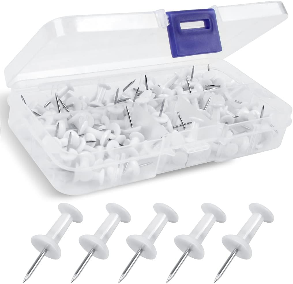 YOYUSH Push Pins, 100 Pcs Reusable Drawing Pins with Solid Plastic Storage Box, Rustproof Thumb Tacks for Cork Notice Pinboard Bulletin Board - School & Office Use (White)
