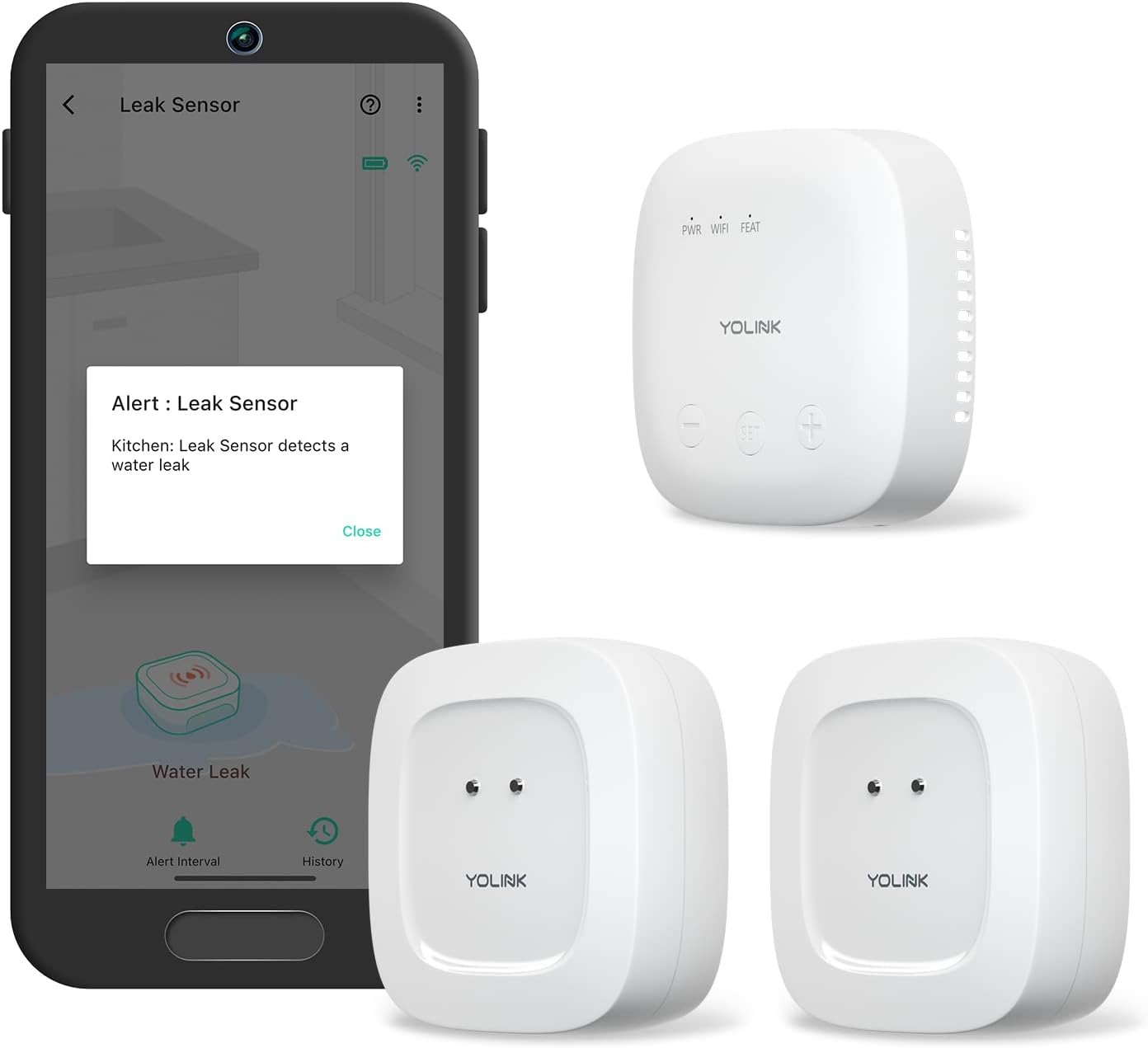 YoLink Water Leak Detection Starter Kit, w/SpeakerHub Audio/Talking Hub & Water Leak Sensors, LoRa Up to 1/4 Mile Open-Air Range, SMS/Text, Email & Push Notifications, w/Alexa, IFTTT, Home Assistant