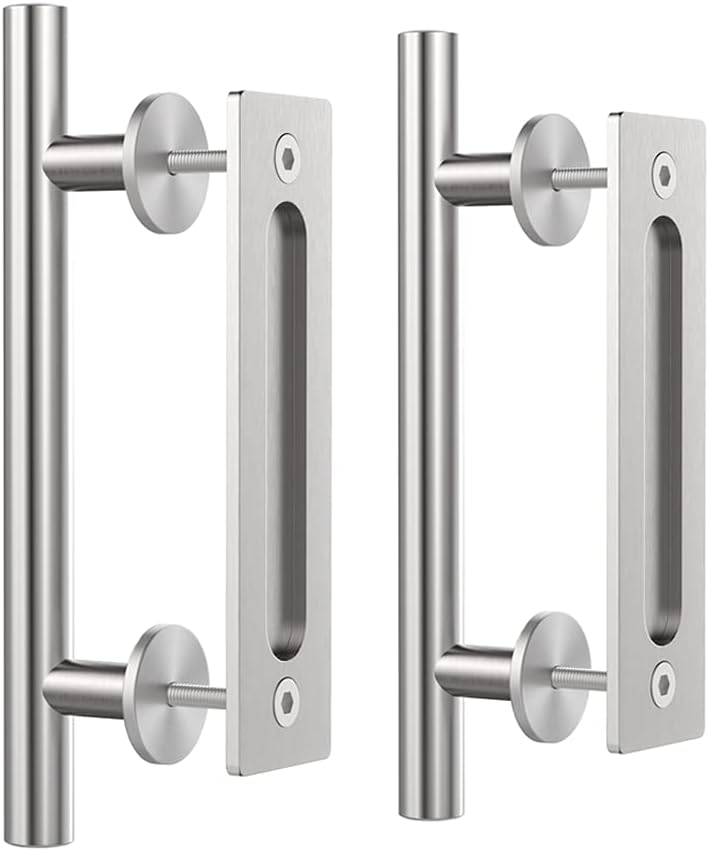 WINSOON 12"Sliding Barn Door Handles Hardware with Flush Finger Pull Double-Sided Design, Pull and Flush Barn Door Handle Kit, Solid Steel Material, for Gate/Garages/Cabinet (2, Stainless)