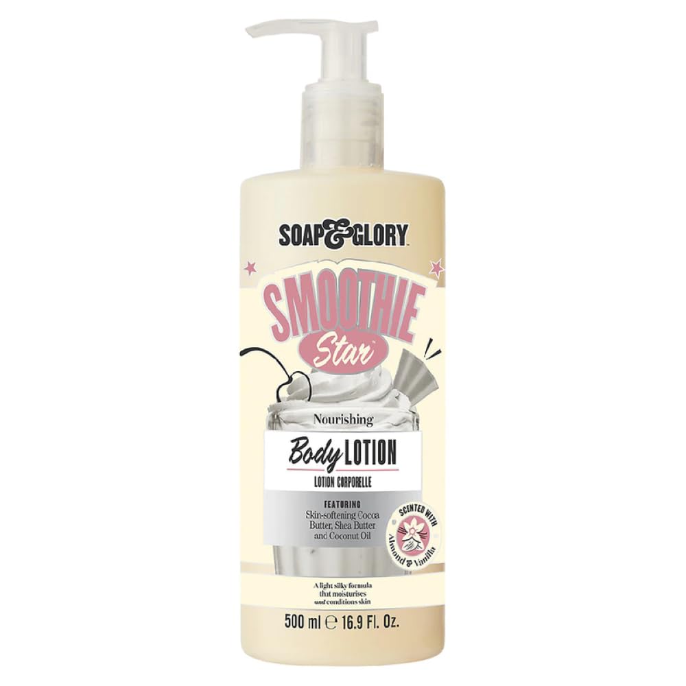 Soap & Glory Smoothie Star Moisturizing Body Lotion - Non-Greasy Vegan Body Moisturizer with Skin-Softening Cocoa Butter & Coconut Oil - Almond & Vanilla Scented Lotion (500ml)