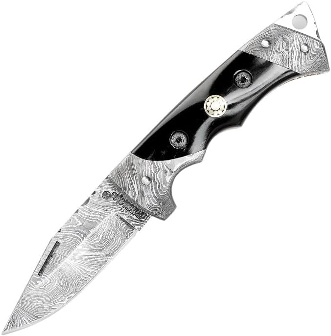 Custom made All Damascus Pocket Knife Horn handle