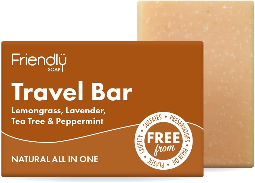 Friendly Soap - Travel Bar, Lemongrass, Lavender, Tea Tree & Peppermint (95g), All-In-One, Plant-Based, Cruelty-Free, Made By Hand, No Preservatives or Sulphates, Sustainable