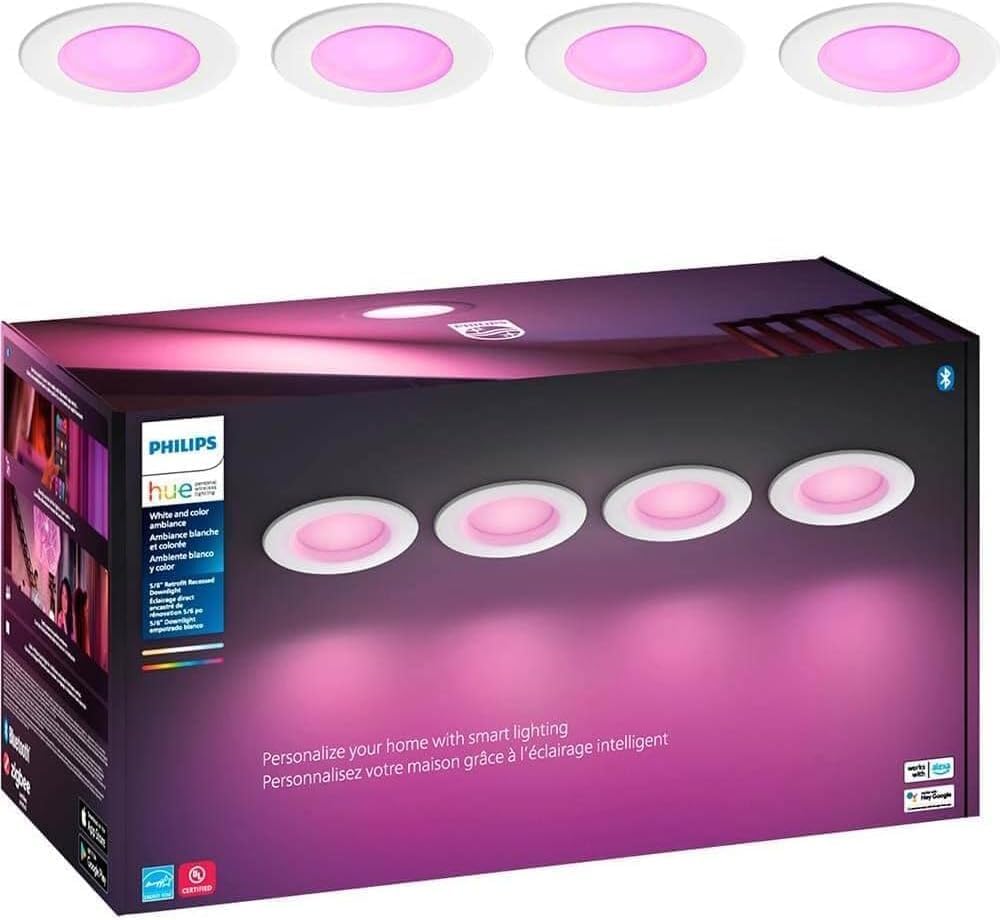 Philips Hue Smart Retrofit Recessed 5/6 Inch LED Downlight 4 Pack, White and Color Ambiance Color-Changing Light, 1100LM, Control with Hue App, Works with Alexa, Google Assistant and Apple HomeKit