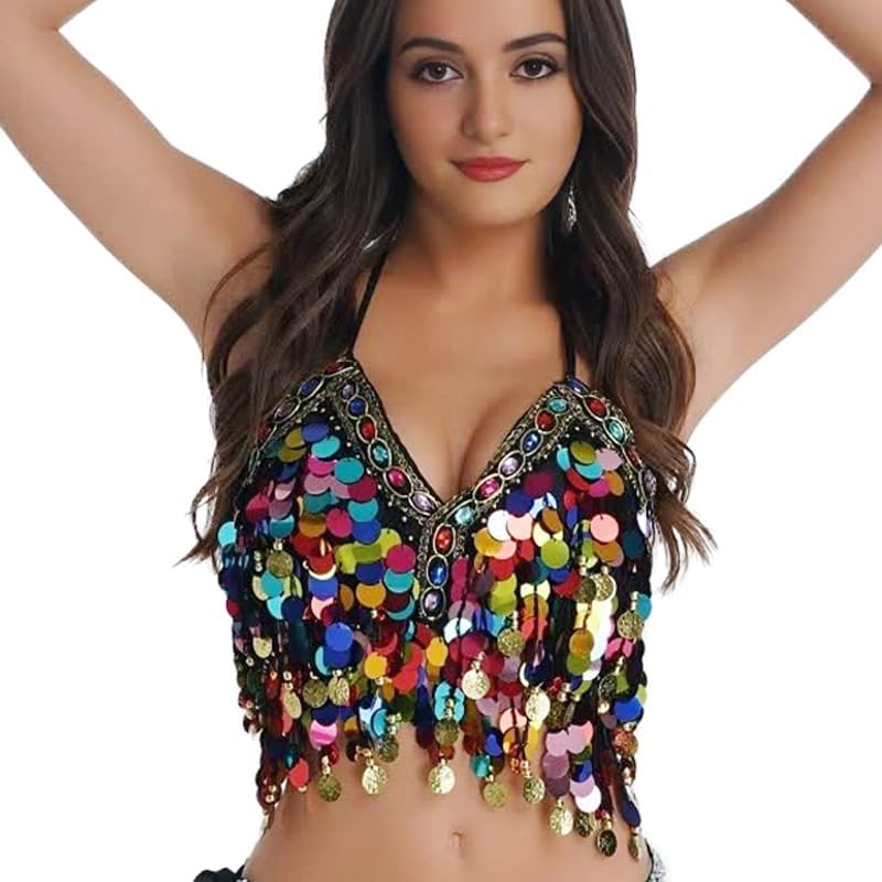 Wuchieal Sequin Halter Bra Top Salsa Belly Dance Boho Festival Clubbing Tribal Bra BH Top