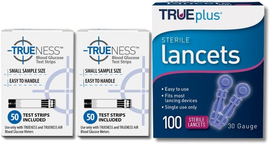 TRUENESS Blood Glucose Test Strips 100ct + 100 Lancets - Ideal for Testing Blood Sugar Levels - Compatible with TRUENESS Meters for Accurate Diabetes Monitoring