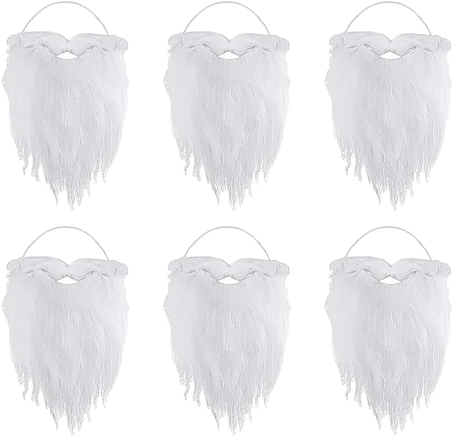 JIHUOO 6 Pcs Funny Santa Beard White Fake Beard Christmas Santa Claus Beard Faux Mustaches Xmas Costume Accessories for Teens Adults