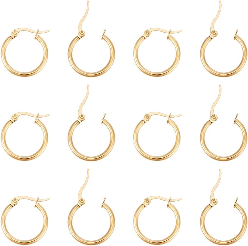 UNICRAFTALE 12 Pairs Stainless Steel Hoop Earrings - Gold, 18.5-19.5mm Diameter, 2mm Thick, Post With Snap Down, No Gemstone