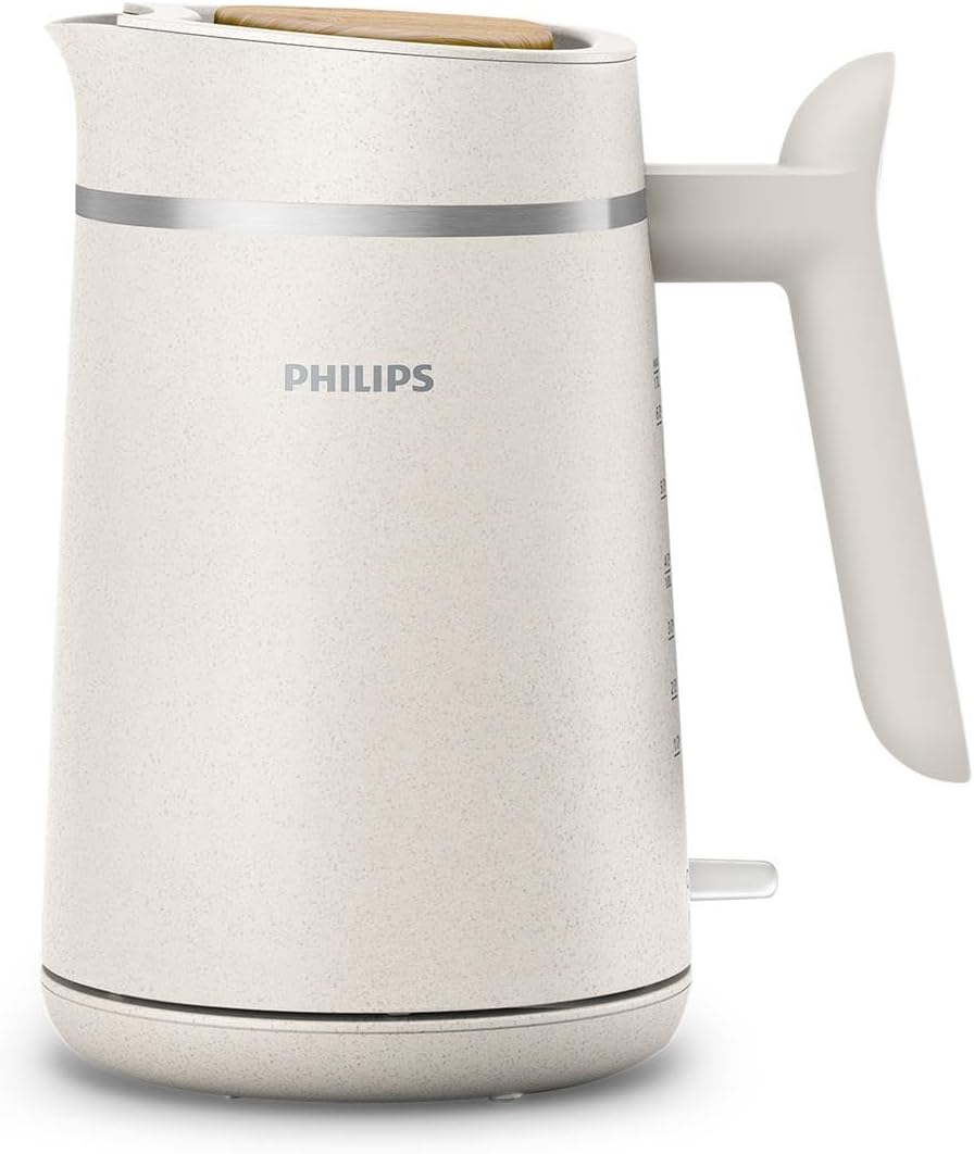 Philips Eco Conscious Edition Kettle 5000 Series, 100% Bio-based plastics*, 1.7 L Capacity, Cordless + 360° Pirouette Base, Silk White Matt Finish, (HD9365/11)