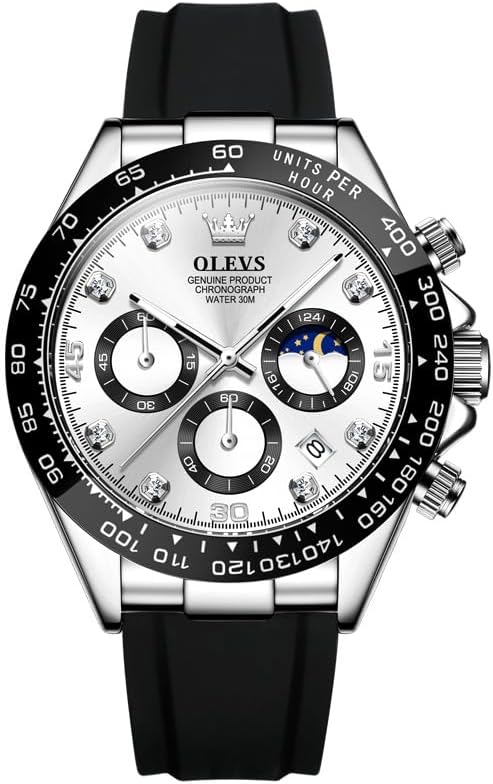 OLEVS Men's Watches Chronograph Multifunction Sport Silicone Luxury Diamond Moon Phase Quartz Male Watch Waterproof Wrist Watch