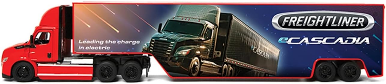 KiNSMART - Freightliner eCascadia Semi-Truck & Container 13Inch 1:62 Scale, Die Cast Metal Model, Pullback Action (Red + Decals)