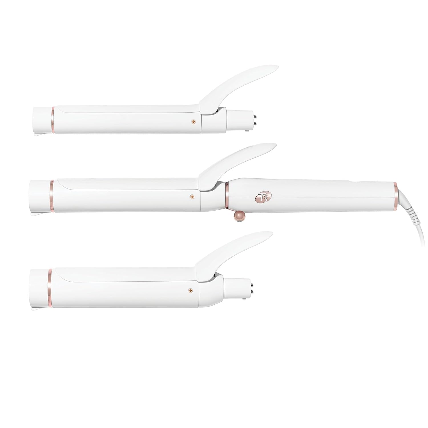 T3 Switch Kit Professional Ionic Interchangeable Curling Iron with 3 Ceramic Clip & Wand Long Barrels for Curling and Waving, 9 Adjustable Heat Settings & Ion Generator, White/Rose Gold
