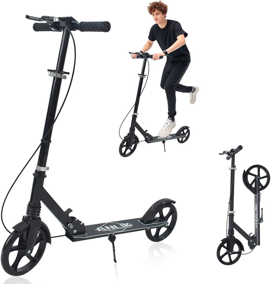 Dual-Brake Shock-Absorbing Kick Scooter, Anti-Skid PU Wheels, 4 Height-Adjustable Positions, Wider Pedals, Suitable for Children Over 6 Years Old, Teenagers & Adults