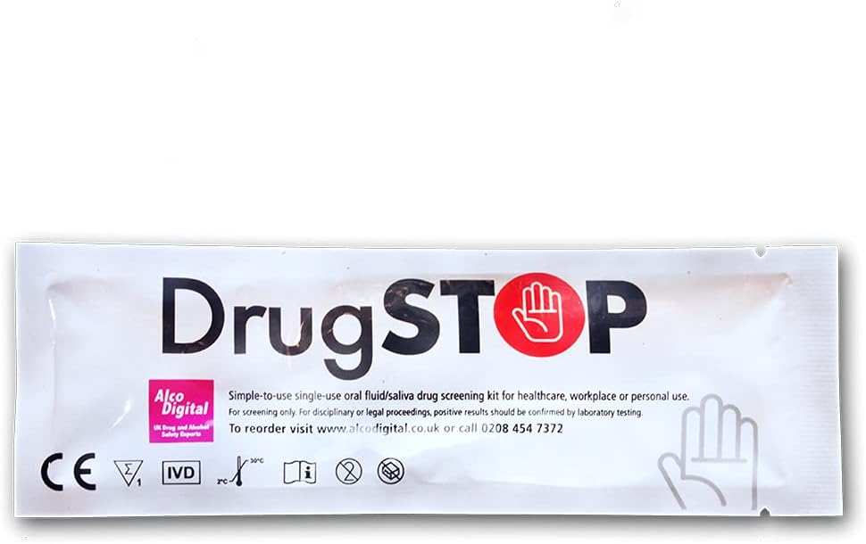 DrugSTOP - Saliva Drug Test Kit - Oral Fluid Testing - 7 Drugs - Instant Results for Cocaine, Cannabis (THC), Heroin (Opiates), Amphetamine, Methamphetamine, Benzodiazepine & Ketamine