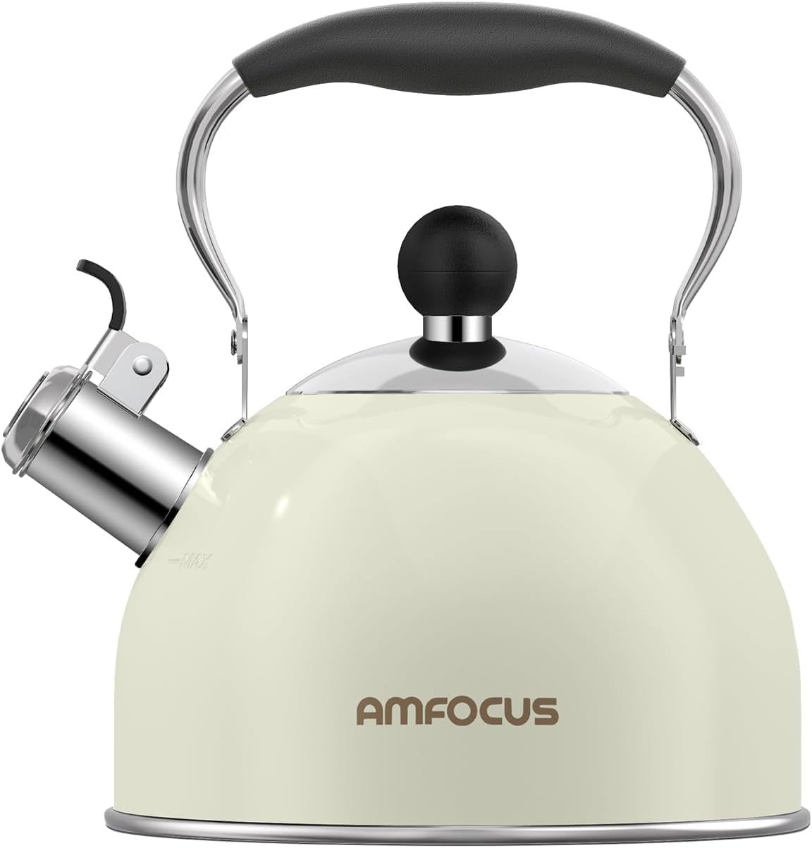 AMFOCUS Tea Kettle, 2 Quart Stainless Steel Whistling Tea Kettle, Stovetop Whistling Teakettle Tea Pots for Stove Top with Ergonomic Folding Handle, Small Teapot, Water boiler for Tea, Coffee (White)