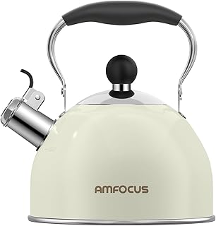 AMFOCUS Tea Kettle, 2 Quart Stainless Steel Whistling Tea Kettle, Stovetop Whistling Teakettle Tea Pots for Stove Top with Ergonomic Folding Handle, Small Teapot, Water boiler for Tea, Coffee (White)