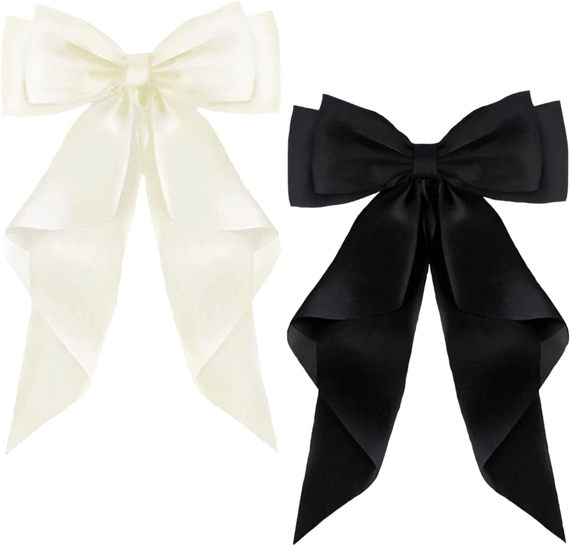 ZEVONDA Pack of 2 Big Bow Hair Clips - Solid Color Large Bowknot Hairpin Hair Clip with Long Silky Satin Tail Hair Barrettes Accessories for Girls Women, Black + Milky White