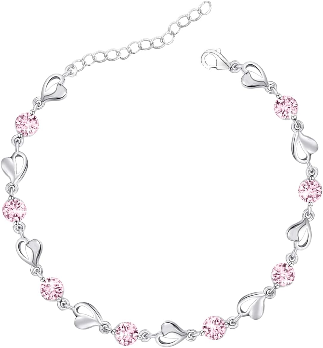 Luckimoli Silver Bracelet for Women,Heart Bracelet Shiny Crystal Diamond Adjustable Bracelet Mother's Day Jewelry Gift Birthday Christmas Gifts for Women Mom Wife Girls