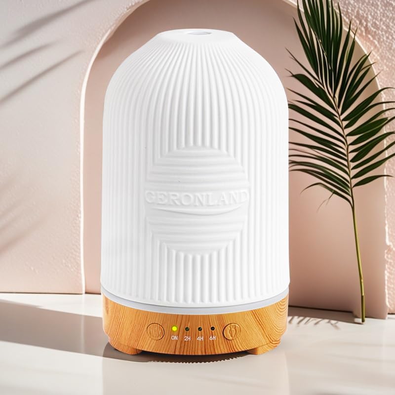 Ceramic Essential Oil Diffuser For Home Electric 200ml Large Humidifier Cool Mist Aromatherapy Premium Ultrasonic 4 In 1, 9 LED Lights, 4 Timer Adjust Settings And Waterless Auto-Off Home Fragrance