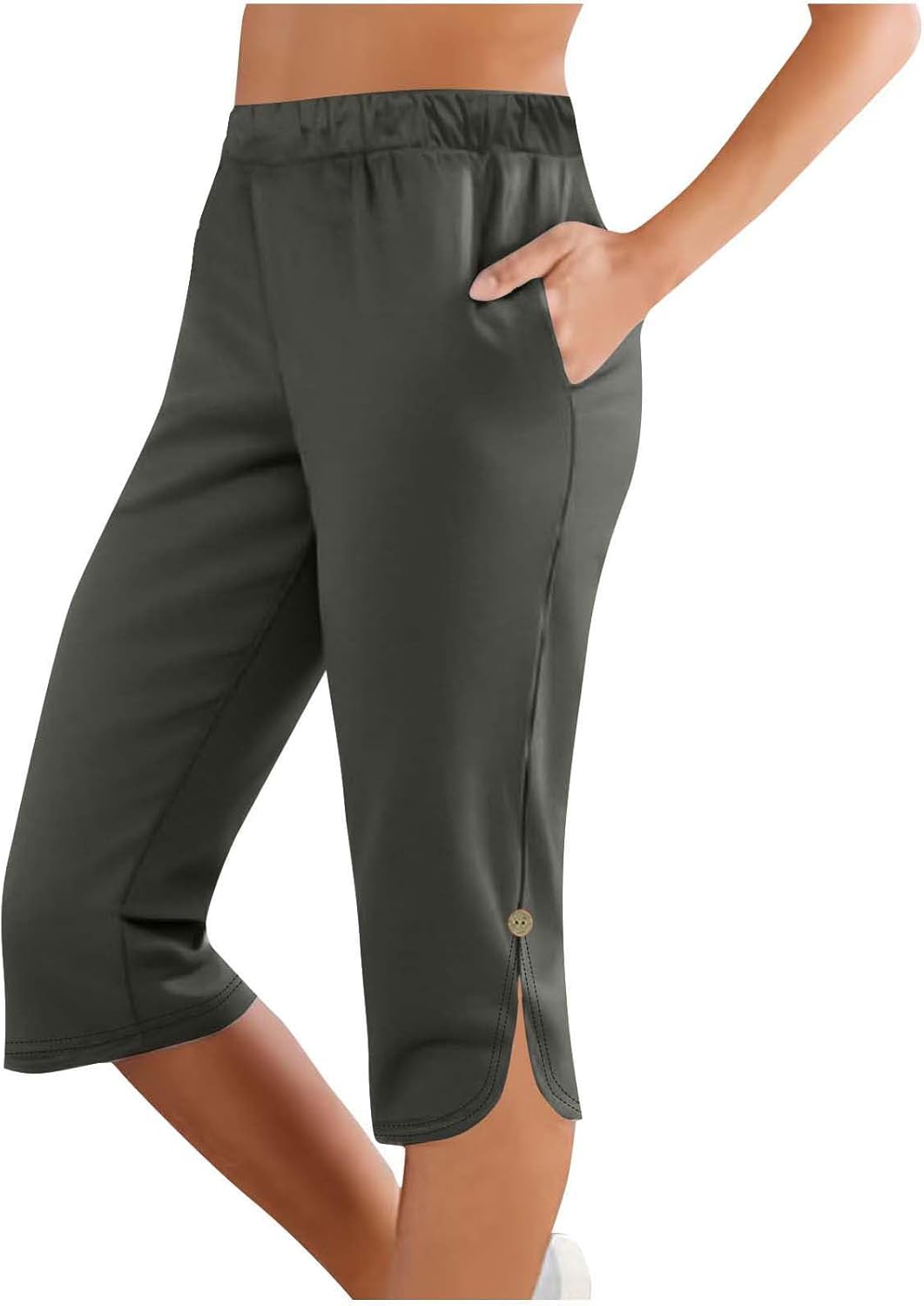 Women's Capri Pants Casual High Waisted Summer Pants Loose Solid Color Side Button Cropped Trousers with Pockets