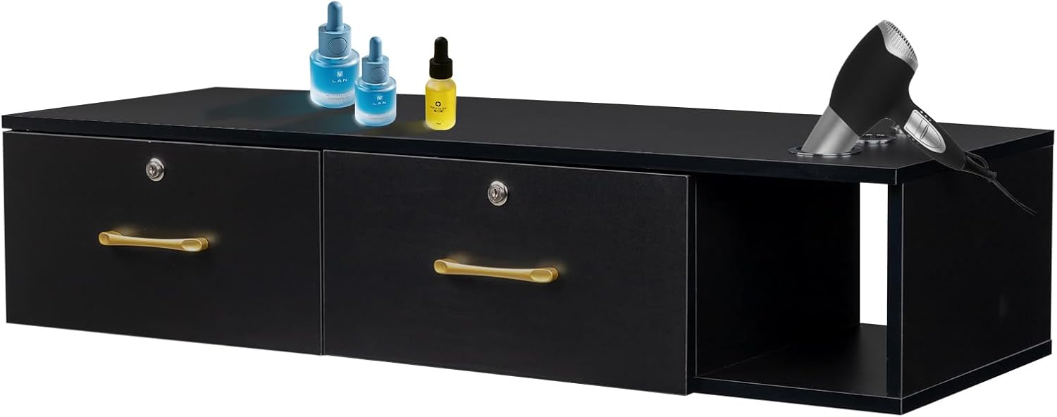 Winado Wall Mount Styling Barber Station for Hair Stylist, Beauty Salon Spa Equipment, Salon Cabinet Station with Locked Storage Drawer, 3 Hair Dryer Holders, Black