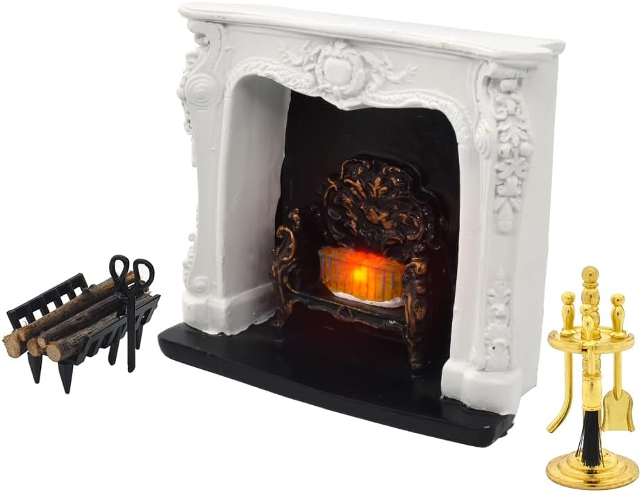 iLAND Dollhouse Furniture and Accessories of Dollhouse Fireplace on 1/12 Scale w/Fire Light & Fireplace Tools & Tong & Firewood Rack (Rococo 4pcs)