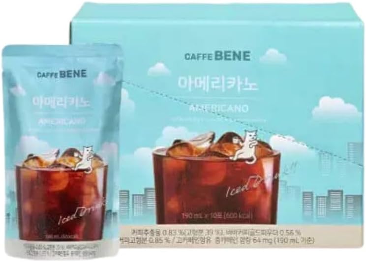 Caffe Bene Americano 190ml x 10 Pouches – Ready to Drink Iced Coffee, Korean Style Sweetened Iced Coffee Beverage Multipack