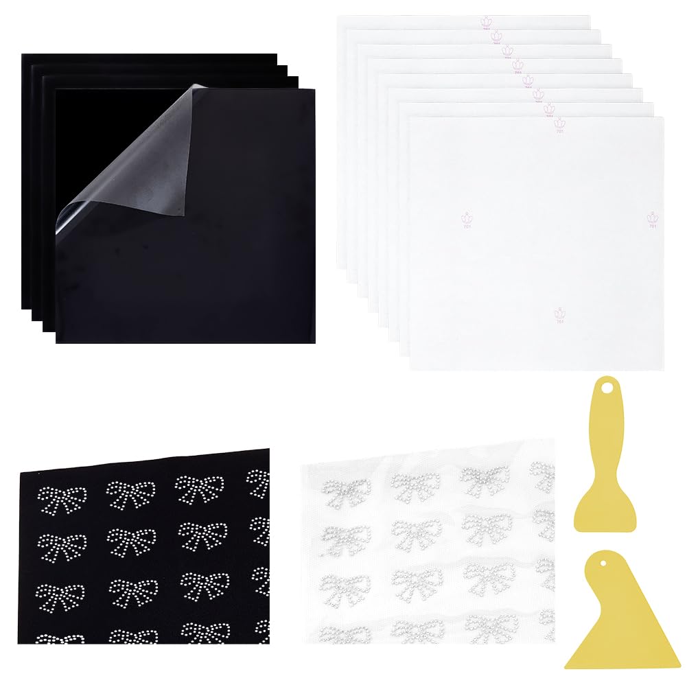 NBEADS 14Pcs Rhinestone Flock Sticky Template Material, 8Pcs 12"x12"/30x30cm Rhinestone Heat Transfer Papers 4Pcs Flocking Heat Transfer Film and 2Pcs Plastic Scraper for Cloth DIY Design