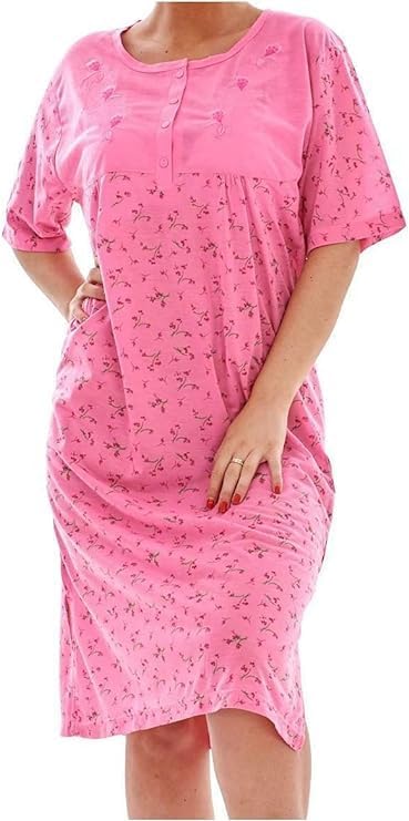 iTRONiK New Ladies Nightdress Floral Print Short Sleeve Rich Cotton Buttons Nightshirt