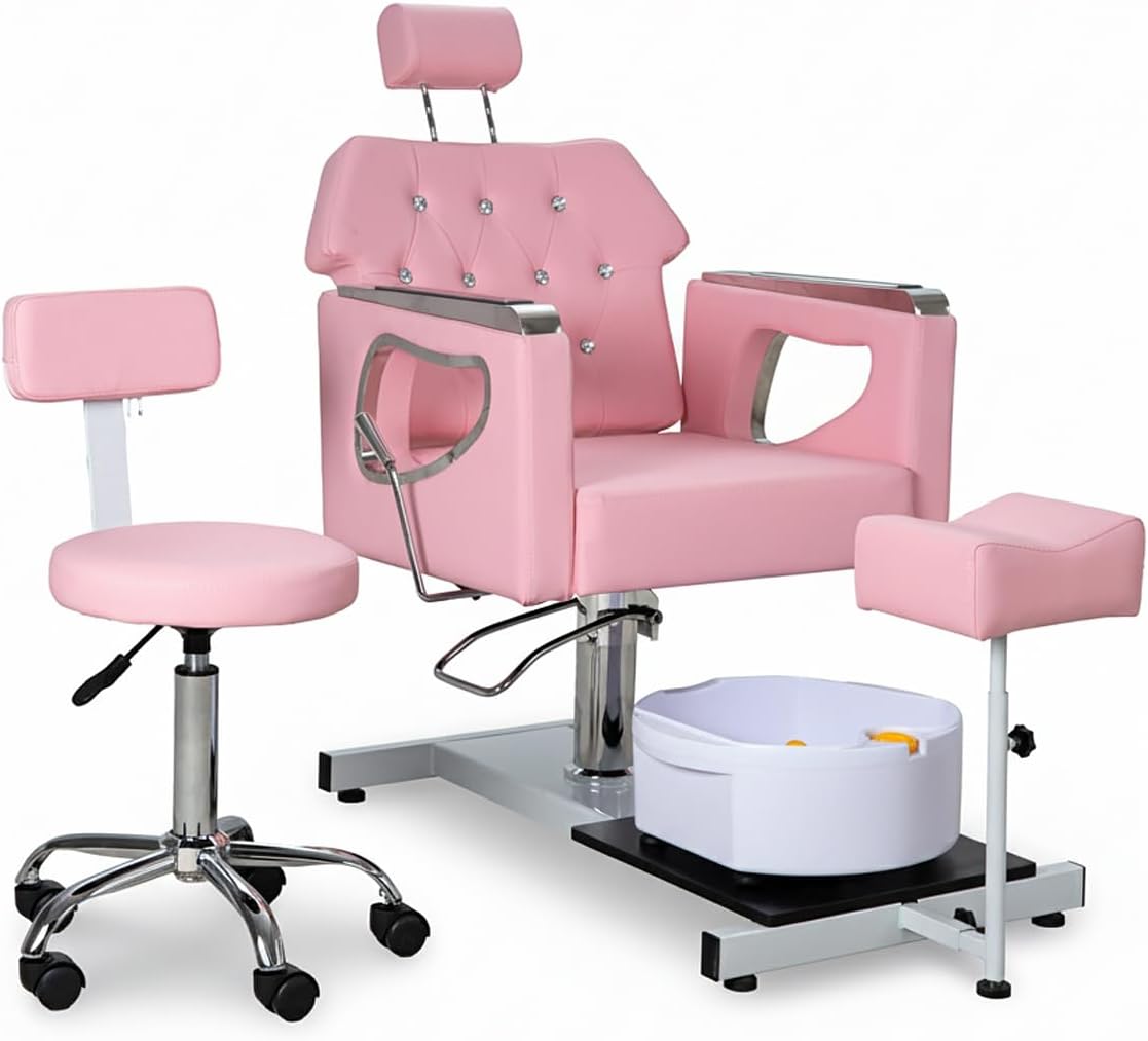 IJIALIFE Pedicure Chair with Foot Spa & Stool, Nail Tech Pedicure Station Set with Adjustable Pedicure Stand, Bubble Massage Basin, Nail Salon Manicure Chair for Spa Salon Home (Pink)